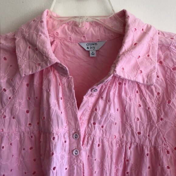 CROWN & IVY Pink Eyelet Tiered Baby Doll 3/4 Sleeve Dress Medium - Picture 10 of 16